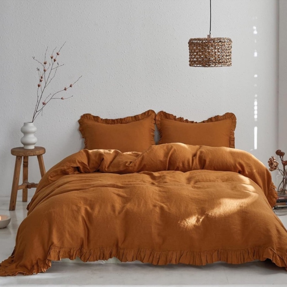 🆕 Luxury 100% Linen Ruffle Duvet Cover Set in QUEEN - Picture 9 of 10